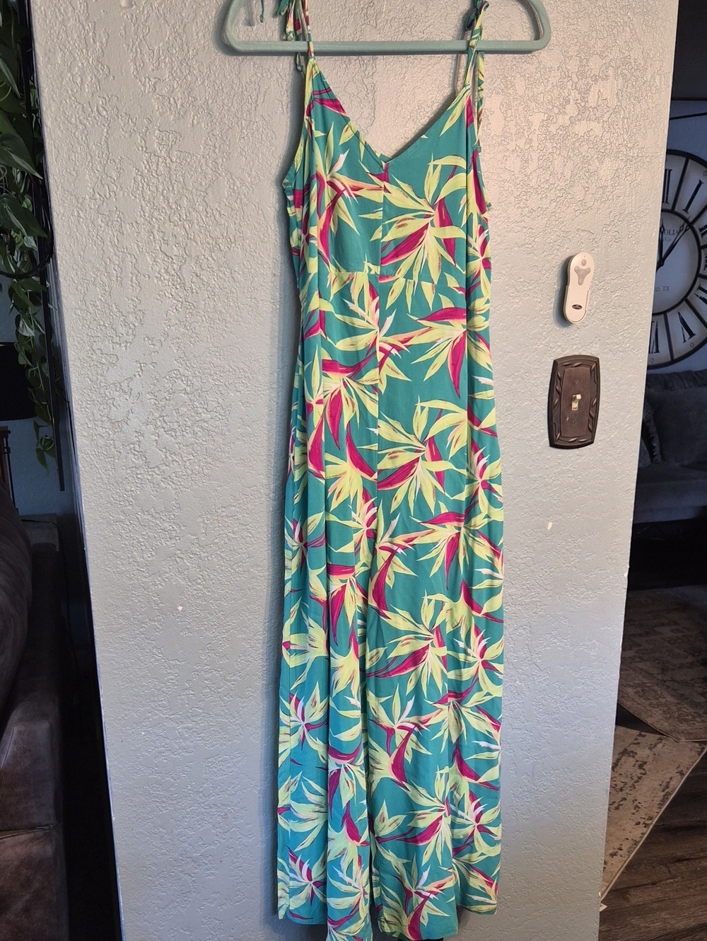 Old Navy Teal Tropical Maxi Dress with Pink and Cream Leaves